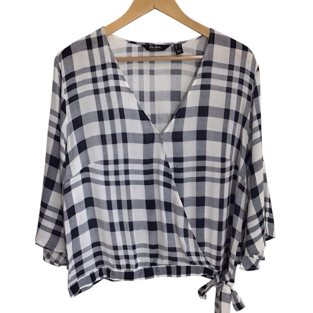 Du Jour Picnic Plaid Flutter Sleeve Blouse Size M New
